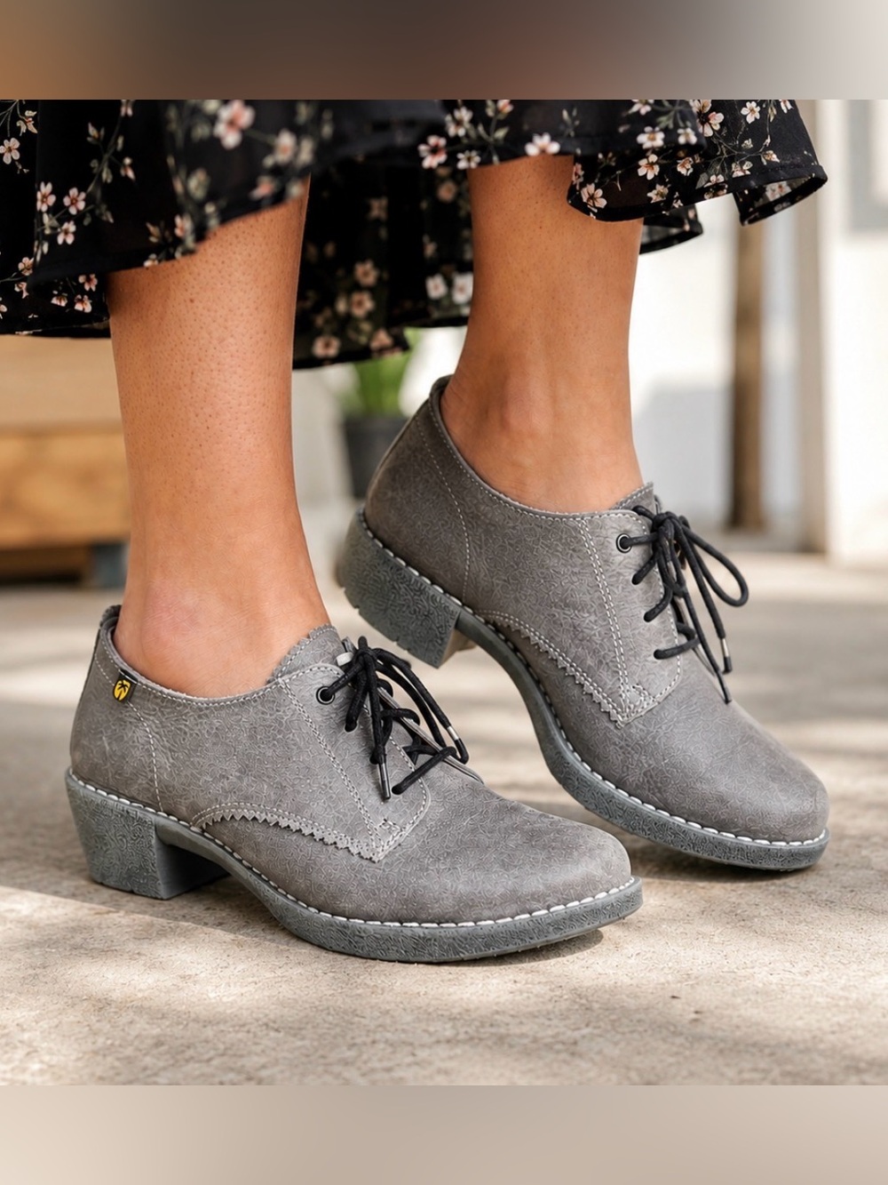 Gray Lace-Up Low Heel Loafers